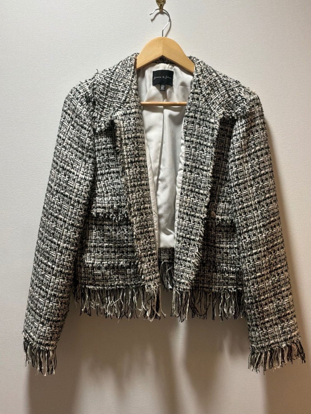 Jasmine & Juliana Cropped Fringe Tweed Jacket Black White L (Fits Small/Medium)